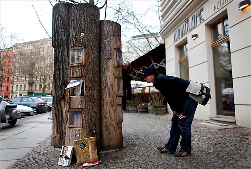 Книжный лес - буккроссинг в стволах деревьев