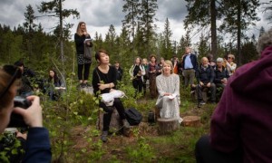 Han Kang sits with her English translator Deborah Smith in Nordmarka forest, just outside Oslo, Norway